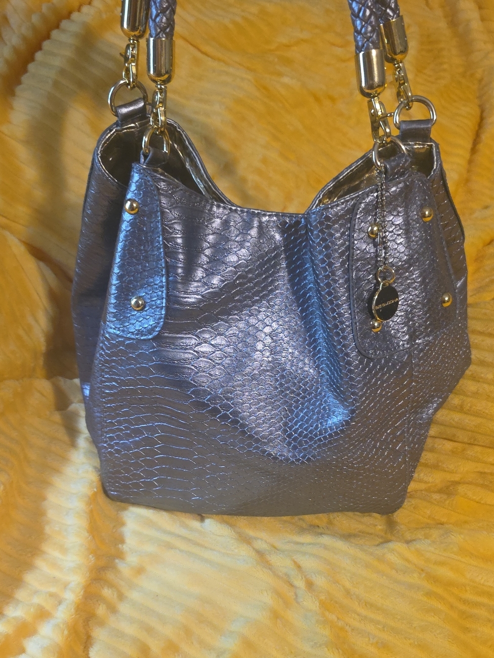 Big Buddha Metallic Silver Textured Shoulder Bag with Braided Handles